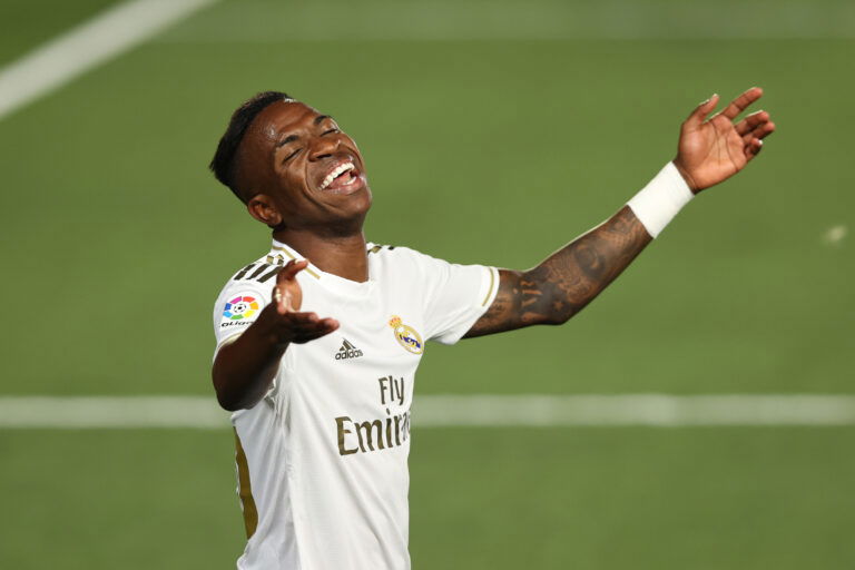 MADRID, SPAIN - JULY 02: Vinicius Junior of Real Madrid reacts during the Liga match between Real Madrid CF and Getafe CF at Estadio Alfredo Di Stefano on July 02, 2020 in Madrid, Spain.