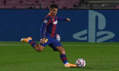 BARCELONA, SPAIN - OCTOBER 20: Philippe Coutinho of FC Barcelona scores his sides third goal during the UEFA Champions League Group G stage match between FC Barcelona and Ferencvaros Budapest at Camp Nou on October 20, 2020 in Barcelona, Spain.