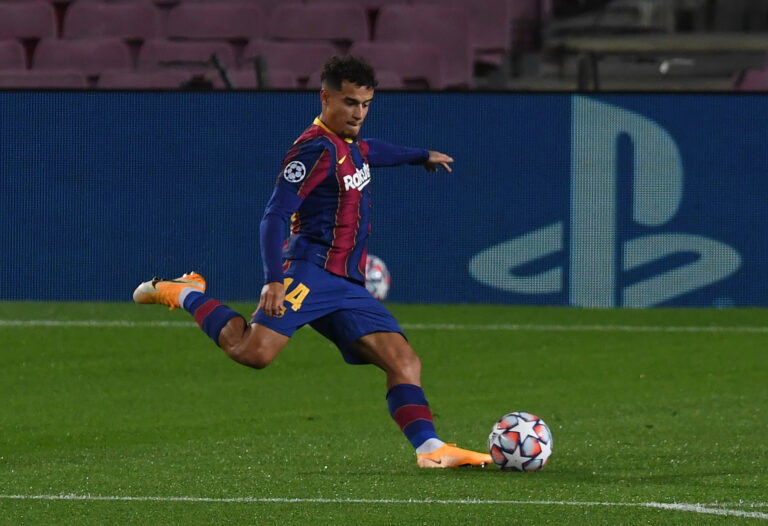 BARCELONA, SPAIN - OCTOBER 20: Philippe Coutinho of FC Barcelona scores his sides third goal during the UEFA Champions League Group G stage match between FC Barcelona and Ferencvaros Budapest at Camp Nou on October 20, 2020 in Barcelona, Spain.