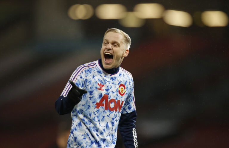 MANCHESTER, ENGLAND - NOVEMBER 01: Donny Van De Beek of Manchester United reacts during the warm up prior to the Premier League match between Manchester United and Arsenal at Old Trafford on November 01, 2020 in Manchester, England.