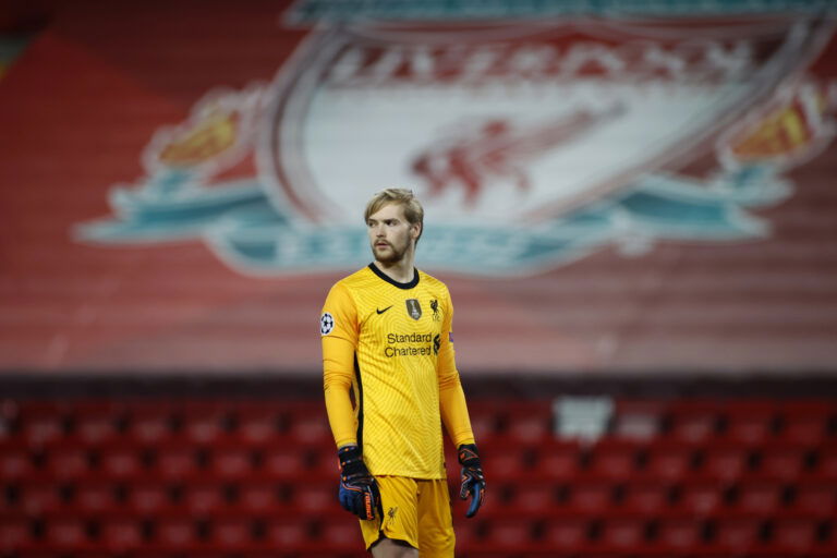 LIVERPOOL, ENGLAND - DECEMBER 01: Caoimhin Kelleher of Liverpool looks on during the UEFA Champions League Group D stage match between Liverpool FC and Ajax Amsterdam at Anfield on December 01, 2020 in Liverpool, England.