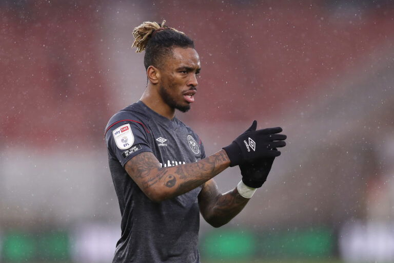 MIDDLESBROUGH, ENGLAND - FEBRUARY 06: Ivan Toney of Brentford applauds during the Sky Bet Championship match between Middlesbrough and Brentford at Riverside Stadium on February 06, 2021 in Middlesbrough, England. Sporting stadiums around the UK remain under strict restrictions due to the Coronavirus Pandemic as Government social distancing laws prohibit fans inside venues resulting in games being played behind closed doors. (Photo by George Wood/Getty Images)