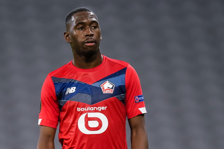 LILLE, FRANCE - FEBRUARY 18: Boubakary Soumare of LOSC Lille during the UEFA Europa League match between Lille OSC and Ajax at Stade Pierre Mauroy on February 18, 2021 in Lille, France.