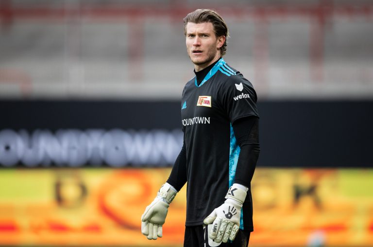 BERLIN, GERMANY - FEBRUARY 28: Goalkeeper Loris Karius of 1.FC Union Berlin looks on during the Bundesliga match between 1. FC Union Berlin and TSG Hoffenheim at Stadion An der Alten Foersterei on February 28, 2021 in Berlin, Germany.