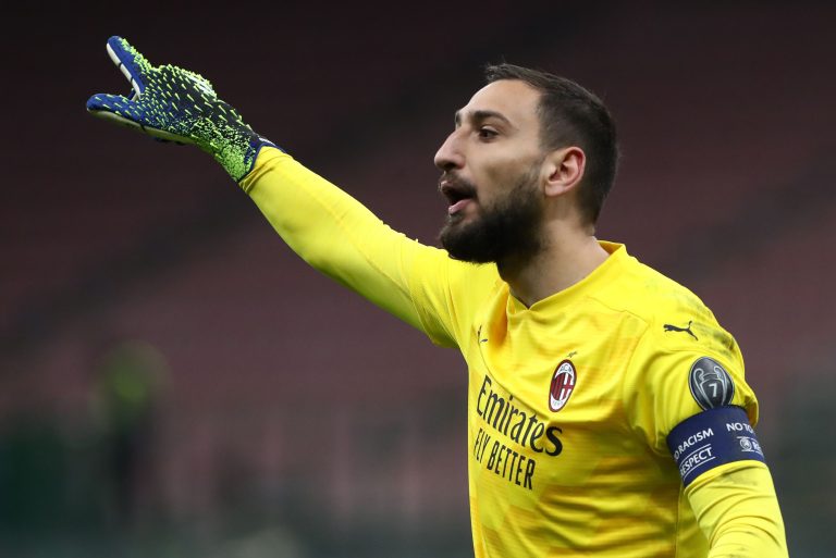 MILAN, ITALY - MARCH 18: Gianluigi Donnarumma of AC Milan reacts during the UEFA Europa League Round of 16 Second Leg match between AC Milan and Manchester United at San Siro on March 18, 2021 in Milan, Italy.