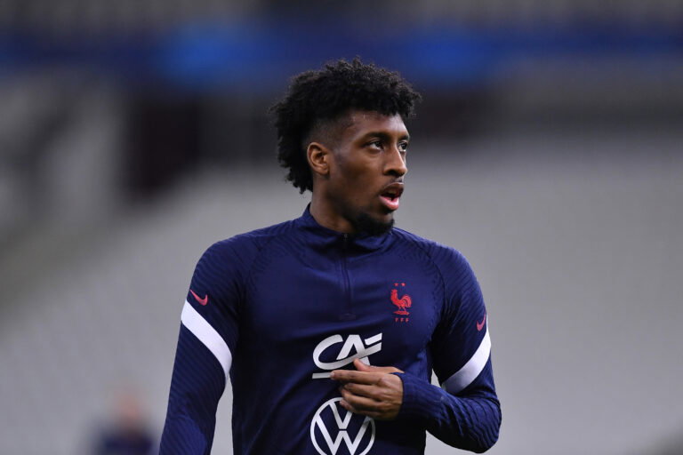 PARIS, FRANCE - MARCH 24: Kingsley Coman of France looks on during the warm up prior to the FIFA World Cup 2022 Qatar qualifying match between France and Ukraine on March 24, 2021 in Paris, France.