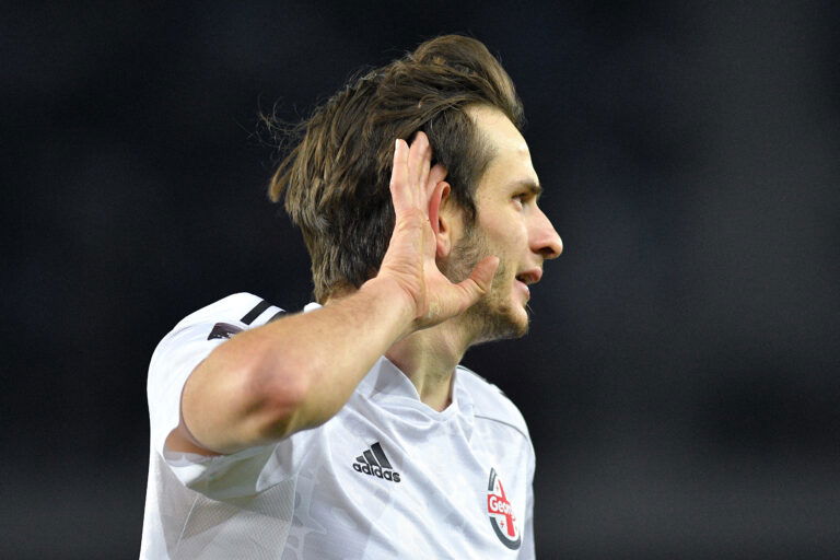TBILISI, GEORGIA - MARCH 28: Khvicha Kvaratskhelia of Georgia celebrates after scoring their side's first goal during the FIFA World Cup 2022 Qatar qualifying match between Georgia and Spain at the Boris Paichadze Dinamo Arena on March 28, 2021 in Tbilisi, Georgia. 30% of the stadium capacity have been allowed into the match as a Covid-19 precaution.