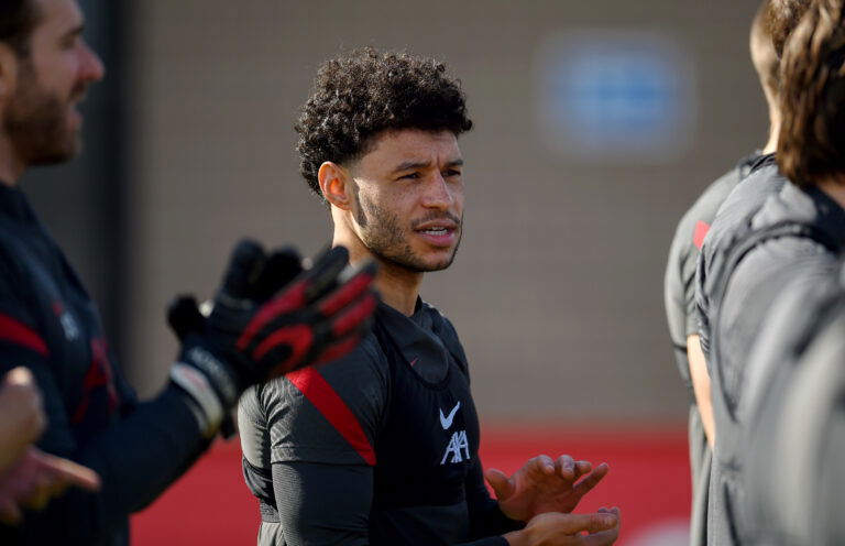 KIRKBY, ENGLAND - MARCH 29: (THE SUN OUT, THE SUN ON SUNDAY OUT) Alex Oxlade-Chamberlain of Liverpool during a training session at AXA Training Centre on March 29, 2021 in Kirkby, England.