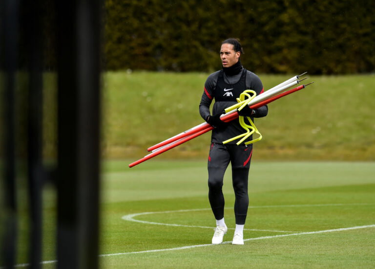 KIRKBY, ENGLAND - MAY 04: (THE SUN OUT, THE SUN ON SUNDAY OUT) Virgil van Dijk of Liverpool during a training session at AXA Training Centre on May 04, 2021 in Kirkby, England.