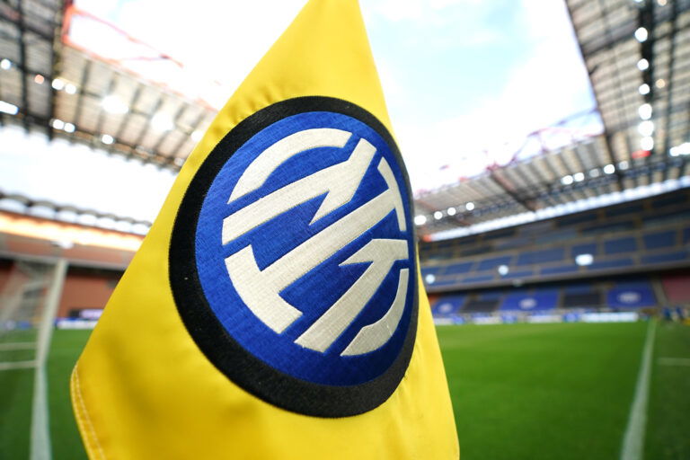 MILAN, ITALY - MAY 12: A general view of the corner flag with the FC Internazionale logo before the Serie A match between FC Internazionale and AS Roma at Stadio Giuseppe Meazza on May 12, 2021 in Milan, Italy.