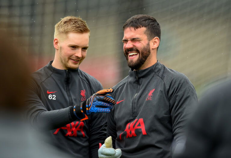 KIRKBY, ENGLAND - MAY 21: (THE SUN OUT, THE SUN ON SUNDAY OUT) Alisson Becker and Caoimhin Kelleher of Liverpool during a training session at AXA Training Centre on May 21, 2021 in Kirkby, England.