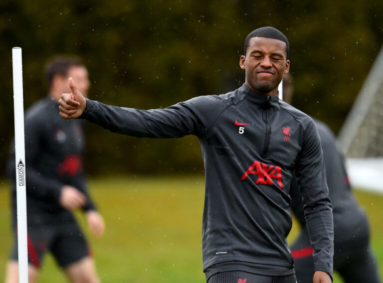 KIRKBY, ENGLAND - MAY 21: (THE SUN OUT, THE SUN ON SUNDAY OUT) Georginio Wijnaldum of Liverpool during a training session at AXA Training Centre on May 21, 2021 in Kirkby, England.