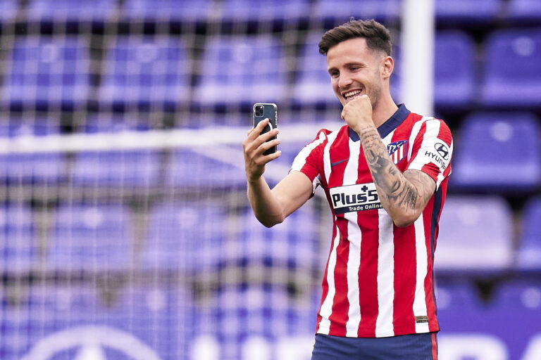 VALLADOLID, SPAIN - MAY 22: Saul Niguez of Atletico de Madrid celebrates winning the La Liga Santander title after victory the La Liga Santander match between Real Valladolid CF and Atletico de Madrid at Estadio Municipal Jose Zorrilla on May 22, 2021 in Valladolid, Spain.