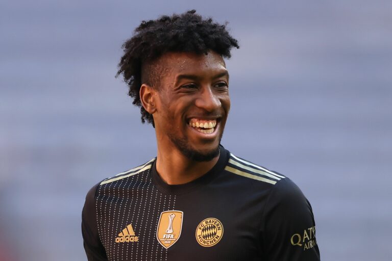 MUNICH, GERMANY - MAY 22: Kingsley Coman of FC Bayern München smiles during the Bundesliga match between FC Bayern Muenchen and FC Augsburg at Allianz Arena on May 22, 2021 in Munich, Germany.