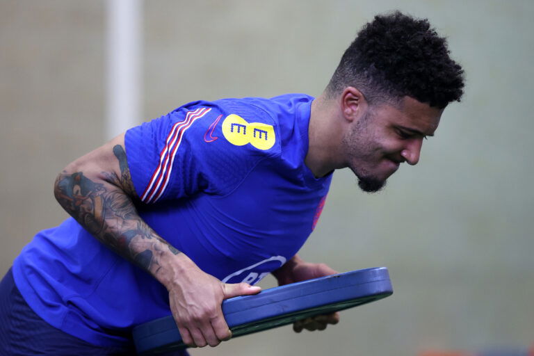 MIDDLESBROUGH, ENGLAND - MAY 30: Jadon Sancho of England takes part in weight training during a training session at the England Pre-Euro 2020 Training Camp on May 30, 2021 in Middlesbrough, England. (Photo by Eddie Keogh - The FA/The FA via Getty Images)