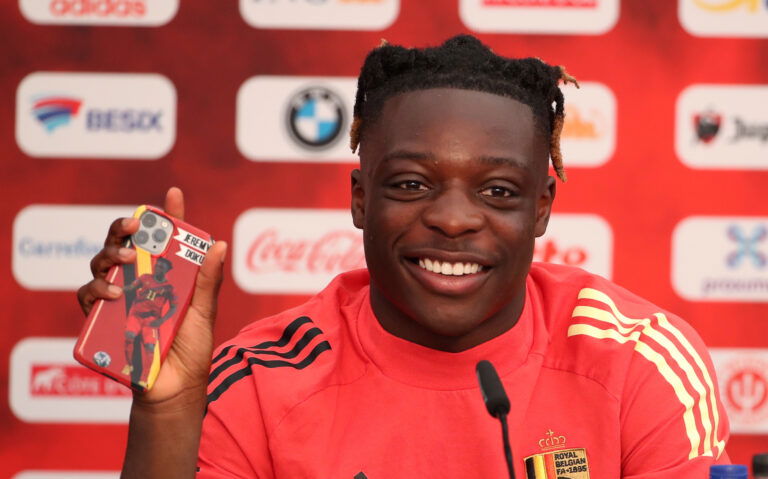 TUBIZE, BELGIUM - JUNE 01: Jeremy Doku of Belgium gives a press conference before a training session of the Belgian national soccer team "The Red Devils", as part of preparations for the upcoming UEFA EURO 2020 and friendly game against Greece, at the Proximus Basecamp on June 01, 2021 in Tubize, Belgium.