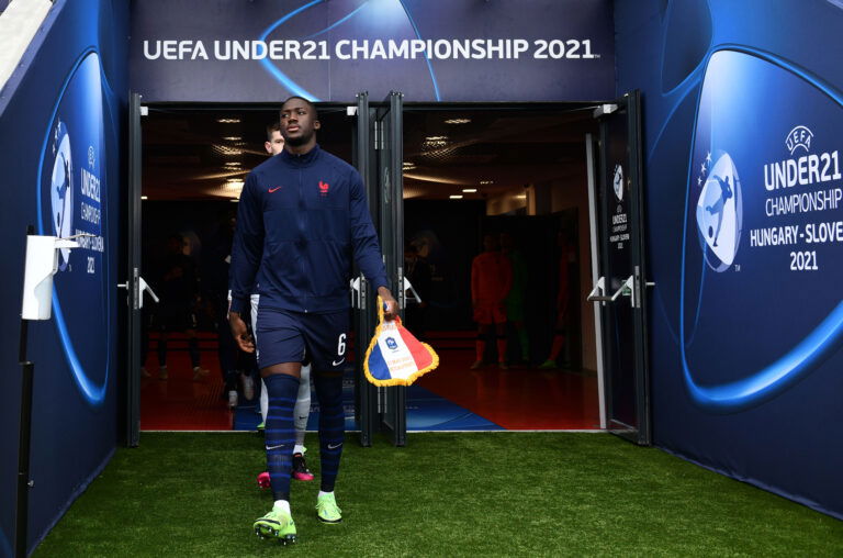 BUDAPEST, HUNGARY - MAY 31: Ibrahima Konate of France leads out the France team ahead of the 2021 UEFA European Under-21 Championship Quarter-finals match between Netherlands and France at Bozsik Stadion on May 31, 2021 in Budapest, Hungary.