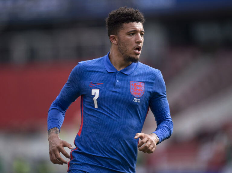 MIDDLESBROUGH, ENGLAND - JUNE 06: Jadon Sancho of England in action during the international friendly match between England and Romania at Riverside Stadium on June 6, 2021 in Middlesbrough, United Kingdom.