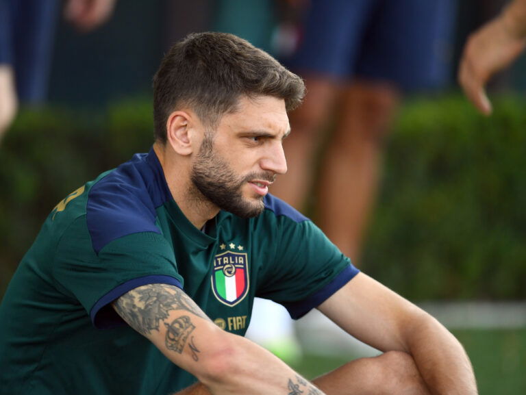 FLORENCE, ITALY - JUNE 13: Domenico Berardi of Italy in action during an Italy training session at Centro Tecnico Federale di Coverciano on June 13, 2021 in Florence, Italy.