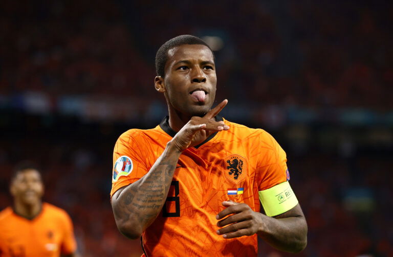 AMSTERDAM, NETHERLANDS - JUNE 13: Georginio Wijnaldum of Netherlands celebrates after scoring their side's first goal during the UEFA Euro 2020 Championship Group C match between Netherlands and Ukraine at the Johan Cruijff ArenA on June 13, 2021 in Amsterdam, Netherlands.