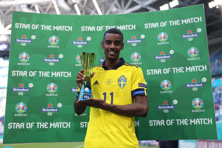 SAINT PETERSBURG, RUSSIA - JUNE 18: Alexander Isak of Sweden poses for a photograph with their Heineken "Star of the Match" award after the UEFA Euro 2020 Championship Group E match between Sweden and Slovakia at Saint Petersburg Stadium on June 18, 2021 in Saint Petersburg, Russia.