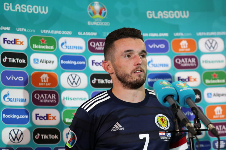 GLASGOW, SCOTLAND - JUNE 22: John McGinn of Scotland speaks during a TV Interview following the UEFA Euro 2020 Championship Group D match between Croatia and Scotland at Hampden Park on June 22, 2021 in Glasgow, Scotland.