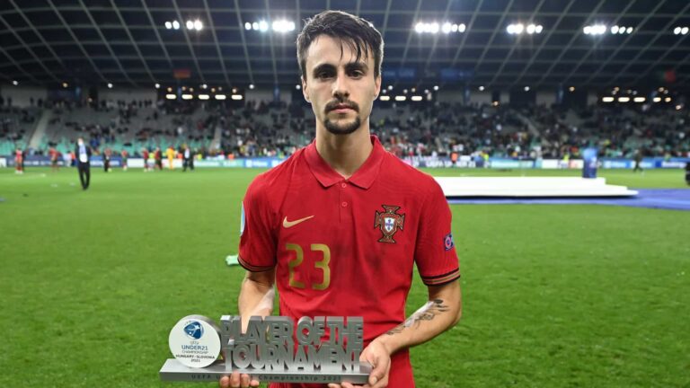 LJUBLJANA, SLOVENIA - JUNE 06: Fabio Vieira of Portugal poses for a photograph with his Player of the Tournament award after the 2021 UEFA European Under-21 Championship Final match between Germany and Portugal at Stadion Stozice on June 06, 2021 in Ljubljana, Slovenia.