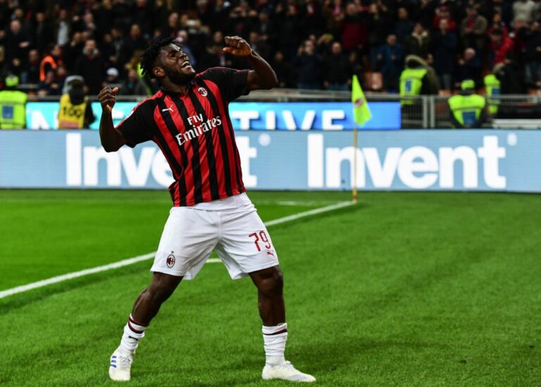 AC Milan's Ivorian midfielder Franck Kessie celebrates after scoring a penalty during the Italian Serie A football match AC Milan vs Lazio Rome on April 13, 2019 at the San Siro stadium in Milan. (Photo by Miguel MEDINA / AFP) (Photo credit should read MIGUEL MEDINA/AFP via Getty Images)