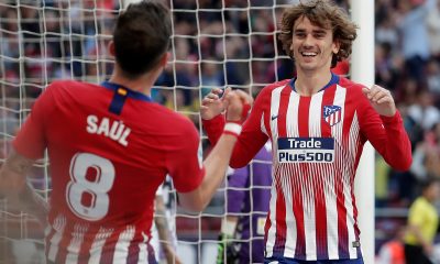 MADRID, SPAIN - APRIL 27: Antoine Griezmann (R) and Saul Niguez (L) of Atletico Madrid celebrate after Joaquin Fernandez (not seen) of Valladolid scored an own goal during the La Liga soccer match between Atletico Madrid and Valladolid at the Wanda Metropolitano Stadium in Madrid, Spain on April 27, 2019.