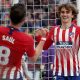 MADRID, SPAIN - APRIL 27: Antoine Griezmann (R) and Saul Niguez (L) of Atletico Madrid celebrate after Joaquin Fernandez (not seen) of Valladolid scored an own goal during the La Liga soccer match between Atletico Madrid and Valladolid at the Wanda Metropolitano Stadium in Madrid, Spain on April 27, 2019.