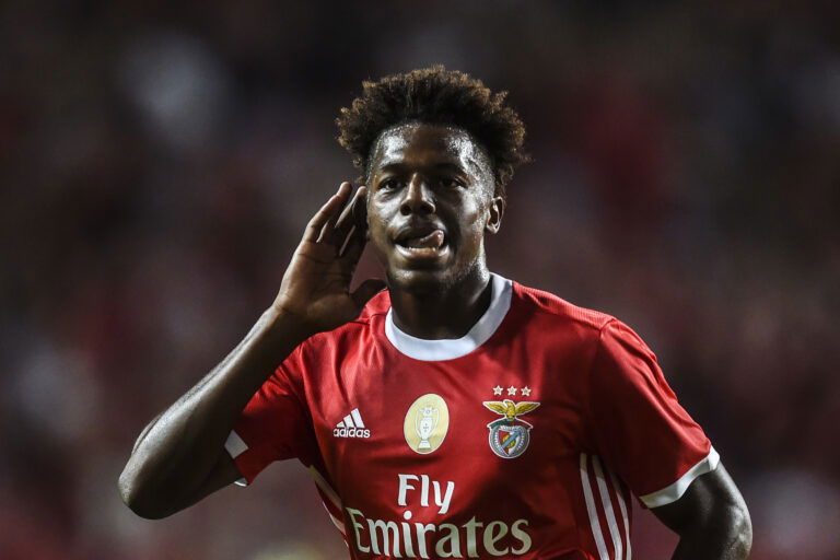 Benfica's Portuguese defender Nuno Tavares celebrates a goal during the Portuguese league football match between SL Benfica and FC Pacos de Ferreira at the Luz stadium in Lisbon on August 10, 2019.