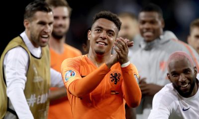 HAMBURG, GERMANY - SEPTEMBER 6: Donyell Malen of Holland celebrates the victory during the EURO Qualifier match between Germany v Holland at the Volkspark Stadium on September 6, 2019 in Hamburg Germany.