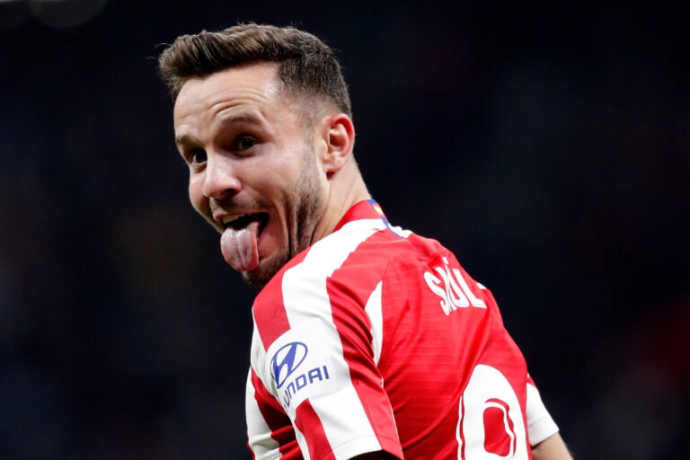 MADRID, SPAIN - OCTOBER 26: Saul Niguez of Atletico Madrid Celebrates 1-0 during the La Liga Santander match between Atletico Madrid v Athletic de Bilbao at the Estadio Wanda Metropolitano on October 26, 2019 in Madrid Spain.