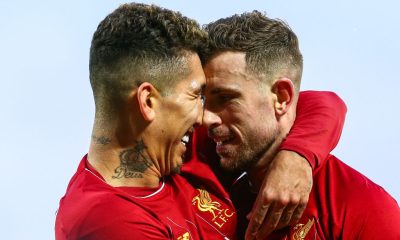 LIVERPOOL, ENGLAND - FEBRUARY 01: Jordan Henderson of Liverpool Celebrates scoring a goal to make it 2-0 with Roberto Firmino of Liverpool during the Premier League match between Liverpool FC and Southampton FC at Anfield on February 1, 2020 in Liverpool, United Kingdom. (Photo by Robbie Jay Barratt - AMA/Getty Images)