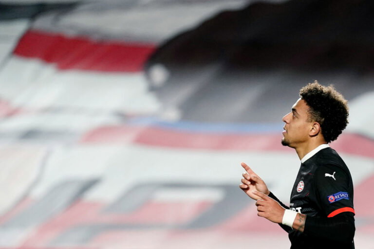GRANADA, SPAIN - DECEMBER 3: Donyell Malen of PSV celebrates 0-1 during the UEFA Europa League match between Granada v PSV at the Estadio Nuevo Los Carmenes on December 3, 2020 in Granada Spain.