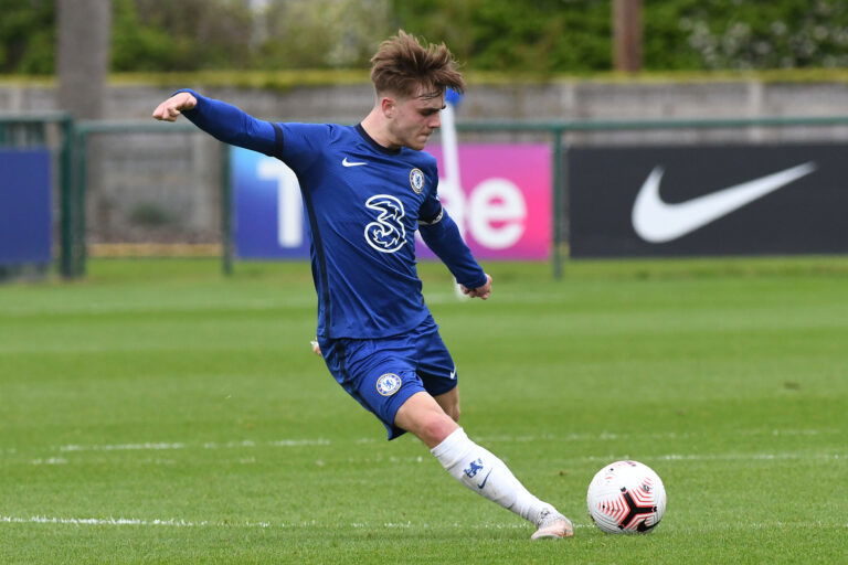 COBHAM, ENGLAND - MAY 15: Lewis Bate of Chelsea during the U18 Premier League match between Chelsea and Fulham at Chelsea Training Ground on May 15, 2021 in Cobham, England. (Photo by Clive Howes - Chelsea FC/Chelsea FC via Getty Images)