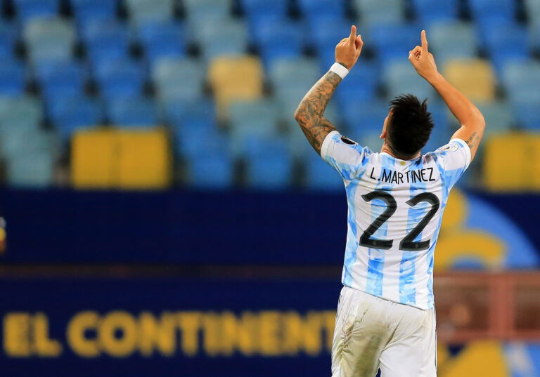 GOIANIA, BRAZIL - JULY 03: Lautaro Martinez of Argentina celebrates after scores his goal during the Conmebol Copa America Brazil 2021 quarter-final between Argentina and Ecuador at Estadio Olimpico on July 3, 2021 in Goiania, Brazil.