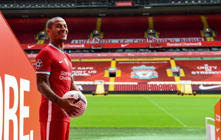 LIVERPOOL, ENGLAND - SEPTEMBER 18: (THE SUN OUT, THE SUN ON SUNDAY OUT) Thiago Alcantara new signing of Liverpool at Anfield on September 18, 2020 in Liverpool, England.