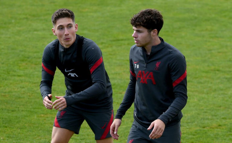 LIVERPOOL, ENGLAND - SEPTEMBER 29: (THE SUN OUT, THE SUN ON SUNDAY OUT) Neco Williams of Liverpool with Harry Wilson of Liverpool during a training session at Melwood Training Ground on September 29, 2020 in Liverpool, England. (Photo by John Powell/Liverpool FC via Getty Images)