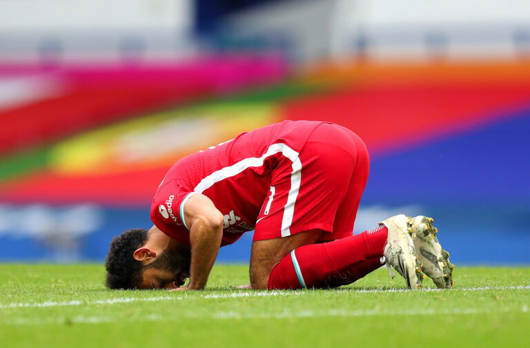 LIVERPOOL, ENGLAND - OCTOBER 17: Mohamed Salah of Liverpool celebrates after scoring his team's second goal during the Premier League match between Everton and Liverpool at Goodison Park on October 17, 2020 in Liverpool, England.