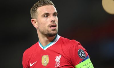LIVERPOOL, ENGLAND - OCTOBER 27: Jordan Henderson of Liverpool in action during the UEFA Champions League Group D stage match between Liverpool FC and FC Midtjylland at Anfield on October 27, 2020 in Liverpool, England. Sporting stadiums around the UK remain under strict restrictions due to the Coronavirus Pandemic as Government social distancing laws prohibit fans inside venues resulting in games being played behind closed doors. (Photo by Michael Regan/Getty Images)