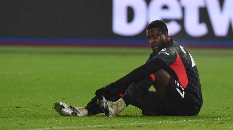 LONDON, ENGLAND - JANUARY 31: (THE SUN OUT,THE SUN ON SUNDAY OUT) Divock Origi of Liverpool injured during the Premier League match between West Ham United and Liverpool at London Stadium on January 31, 2021 in London, England.