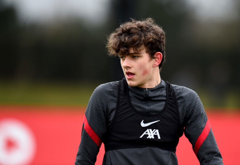 KIRKBY, ENGLAND - MARCH 18: (THE SUN OUT, THE SUN ON SUNDAY OUT) Owen Beck of Liverpool during a training session at AXA Training Centre on March 18, 2021 in Kirkby, England.