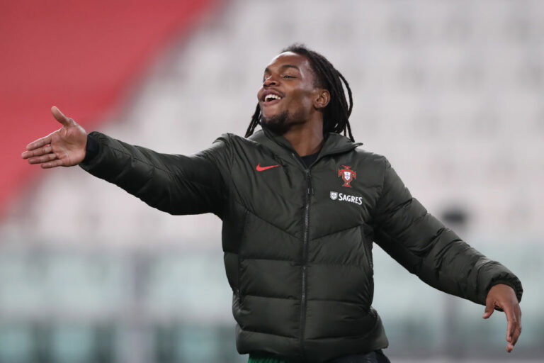 TURIN, ITALY - MARCH 24: Renato Sanches of Portugal reacts as he warms up during the half time interval of the FIFA World Cup 2022 Qatar qualifying match between Portugal and Azerbaijan at Allianz Stadium on March 24, 2021 in Turin, Italy.