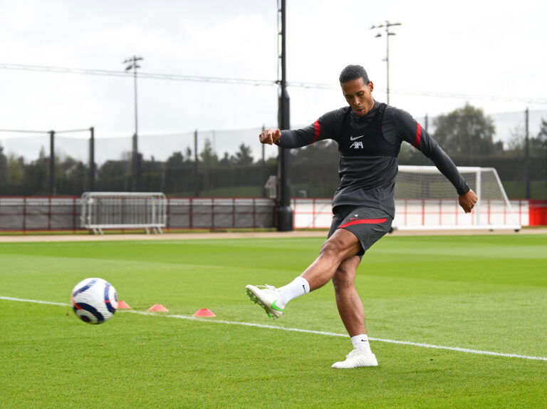 KIRKBY, ENGLAND - MAY 12: (THE SUN OUT, THE SUN ON SUNDAY OUT) Virgil van Dijk of Liverpool during a rehabilitation training session at AXA Training Centre on May 12, 2021 in Kirkby, England.