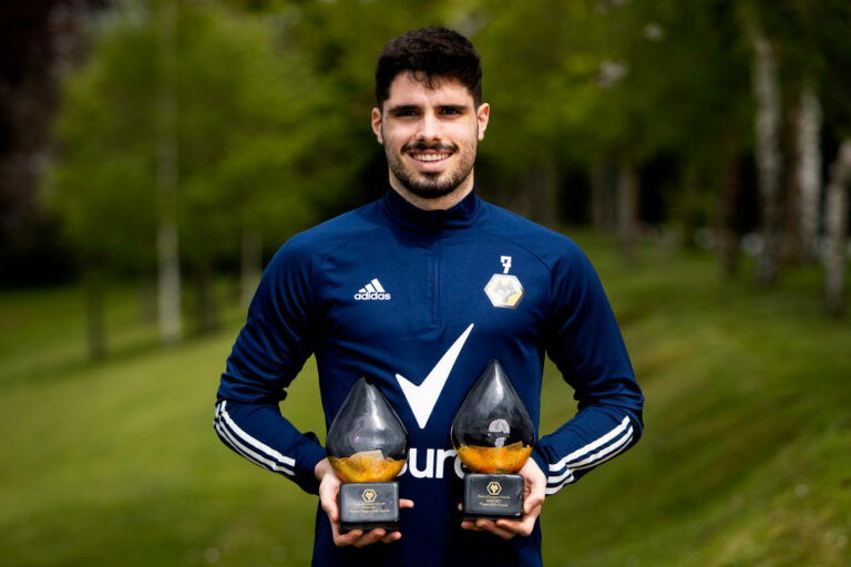 WOLVERHAMPTON, ENGLAND - MAY 20: Pedro Neto of Wolverhampton Wanderers poses with the 2020/21 Wolverhampton Wanderers Players' Player of the Season and Player of the Season Awards ahead of the Wolverhampton Wanderers End of Season Awards to be held at Molineux on May 20, 2021 in Wolverhampton, England. (Photo by Jack Thomas - WWFC/Wolves via Getty Images)