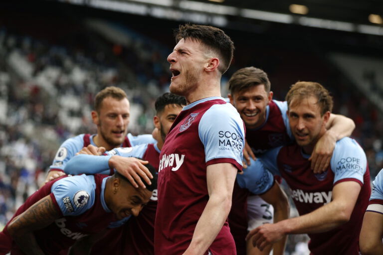 LONDON, ENGLAND - MAY 23: Declan Rice of West Ham United celebrates with team mates after scoring his team's third goal during the Premier League match between West Ham United and Southampton at London Stadium on May 23, 2021 in London, England.
