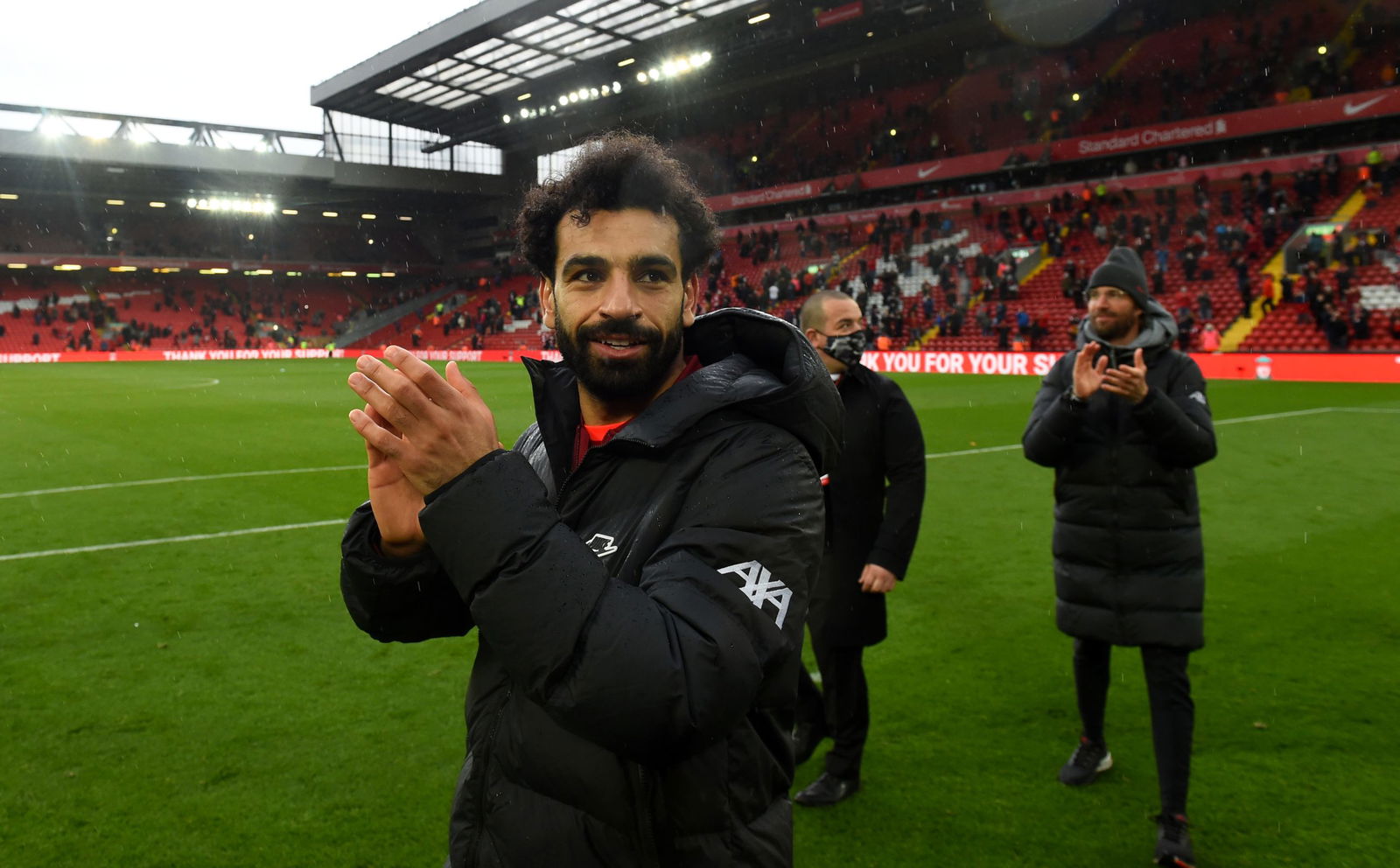 LIVERPOOL, ENGLAND - MAY 23: (THE SUN OUT, THE SUN ON SUNDAY OUT) Mohamed Salah of Liverpool showing his appreciation to the fans at the end of the Premier League match between Liverpool and Crystal Palace at Anfield on May 23, 2021 in Liverpool, England.