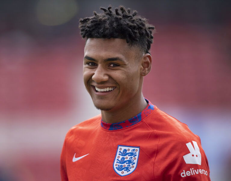 MIDDLESBROUGH, ENGLAND - JUNE 06: Ollie Watkins of England during the warm up before the international friendly match between England and Romania at Riverside Stadium on June 6, 2021 in Middlesbrough, United Kingdom.