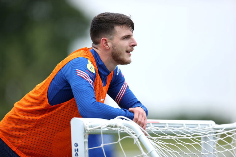 BURTON UPON TRENT, ENGLAND - JUNE 24: Declan Rice of England looks on during a training session at St George's Park on June 24, 2021 in Burton upon Trent, England.